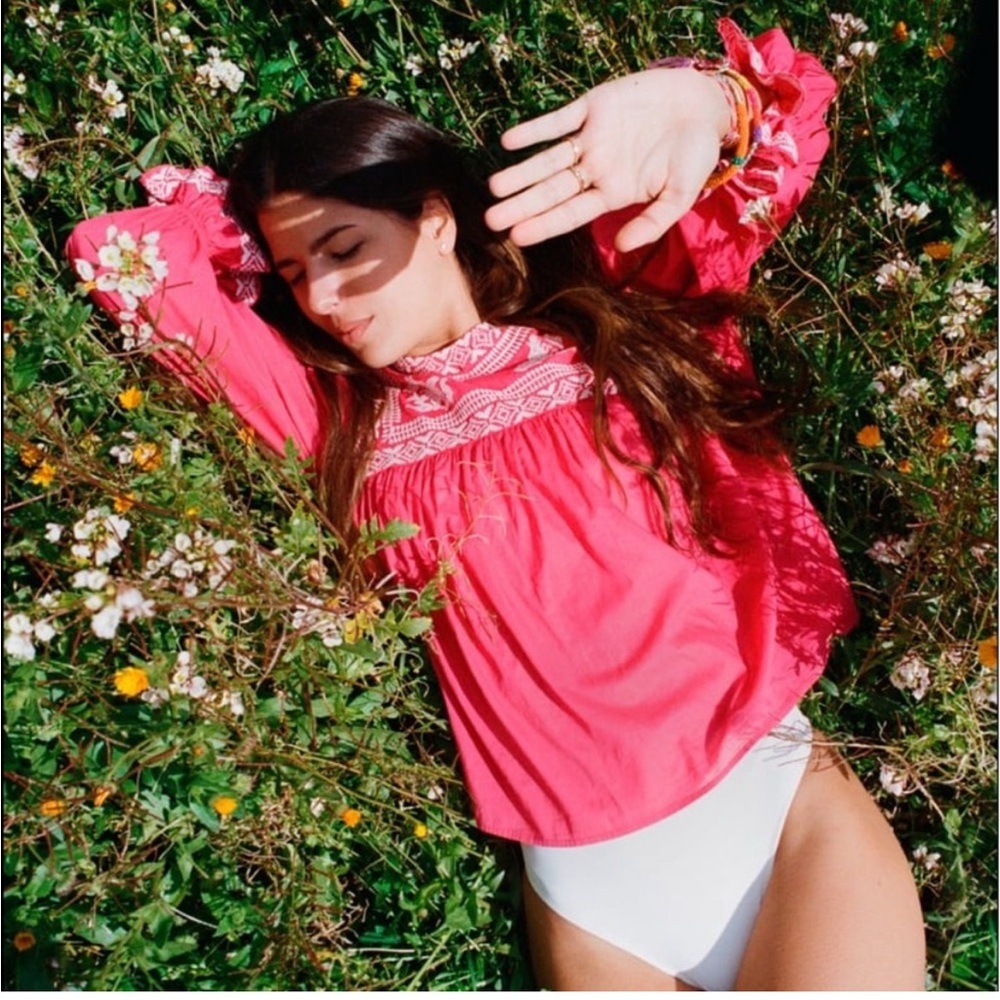 Zara hot Pink embroidered boho Top with White Detailing L